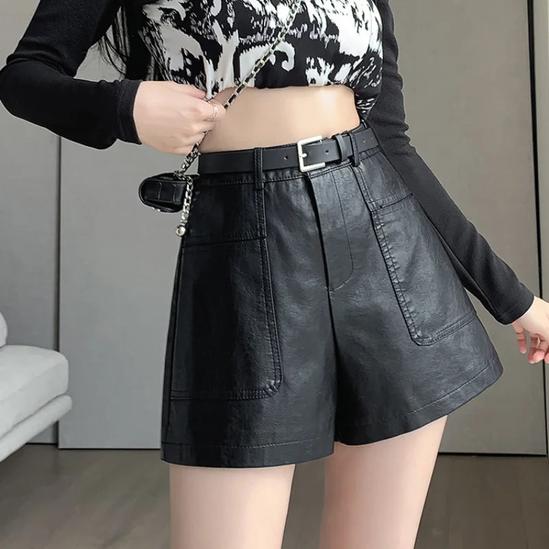 Autumn Winter High Waist Casual Pockets Leather Shorts