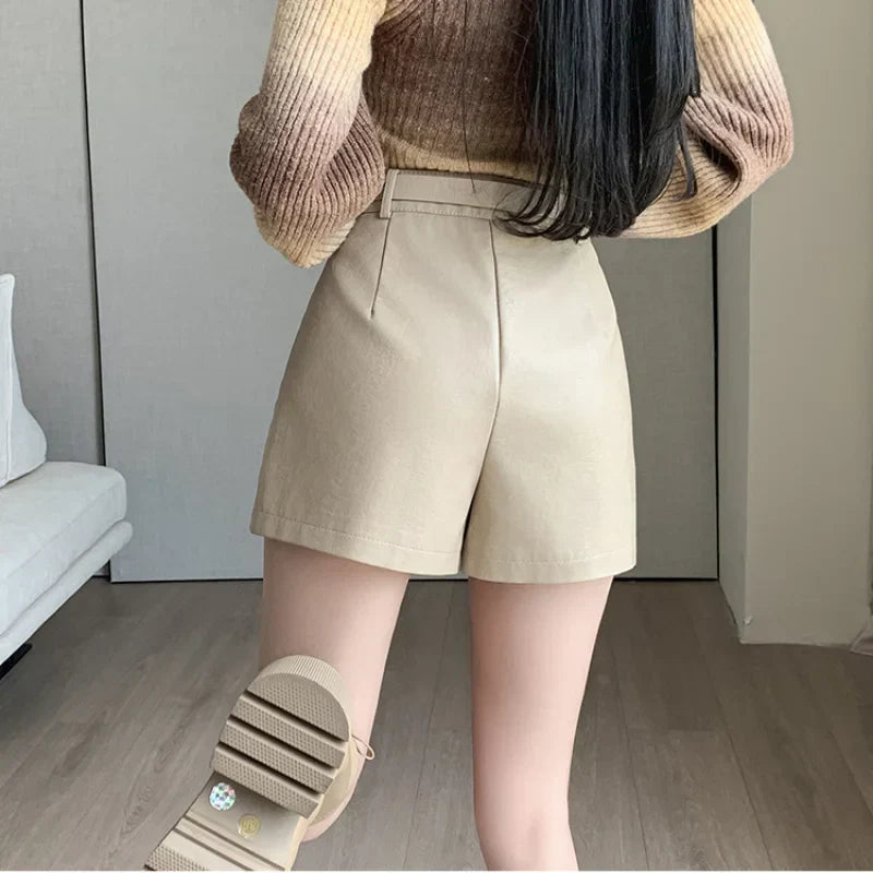 Autumn Winter High Waist Casual Pockets Leather Shorts