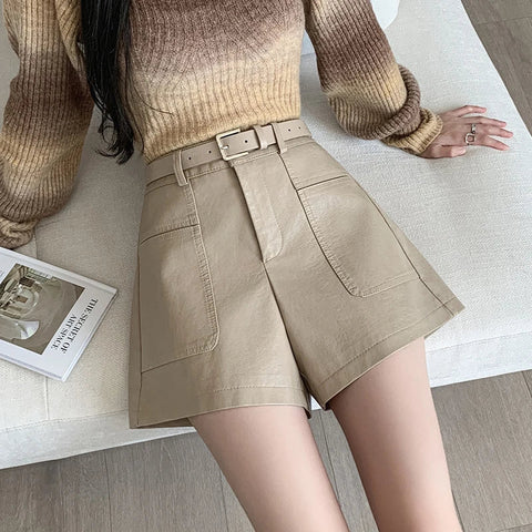 Autumn Winter High Waist Casual Pockets Leather Shorts