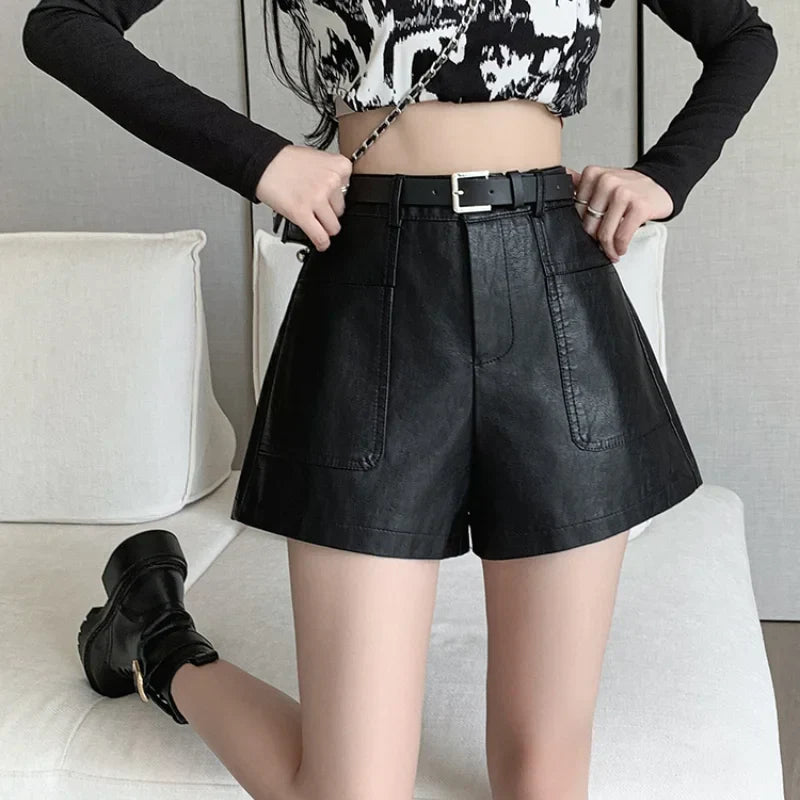 Autumn Winter High Waist Casual Pockets Leather Shorts