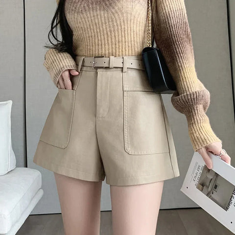 Autumn Winter High Waist Casual Pockets Leather Shorts