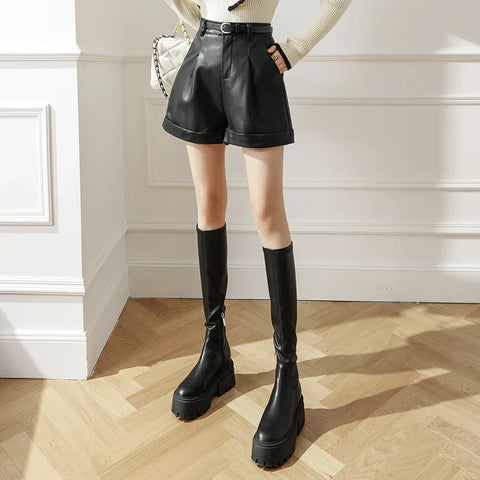 Autumn Winter Black Leather Fashion PU Boot Shorts