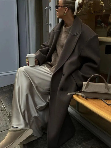 Casual Solid Double-Breasted Long Overcoats