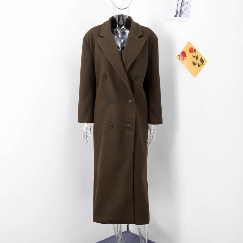 Casual Solid Double-Breasted Long Overcoats