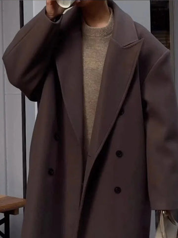 Casual Solid Double-Breasted Long Overcoats