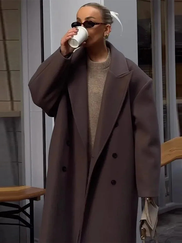 Casual Solid Double-Breasted Long Overcoats