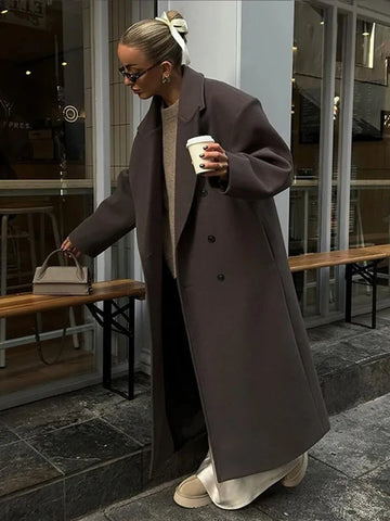 Casual Solid Double-Breasted Long Overcoats