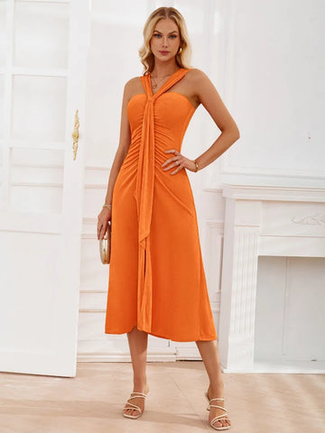 Chic Slim Solid High Waist Sexy Off Shoulder Pleated Split Midi Dress