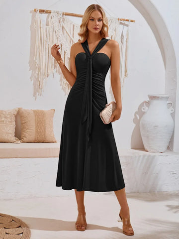 Chic Slim Solid High Waist Sexy Off Shoulder Pleated Split Midi Dress