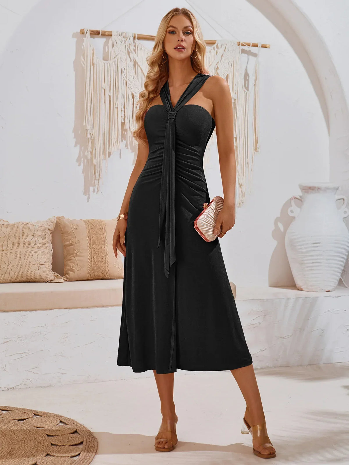 Chic Slim Solid High Waist Sexy Off Shoulder Pleated Split Midi Dress