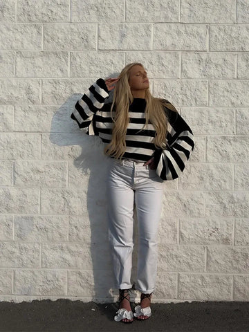 Stripe Slanted Collar Off Shoulder Knit Pullover Casual Long Sleeve Women's Sweater