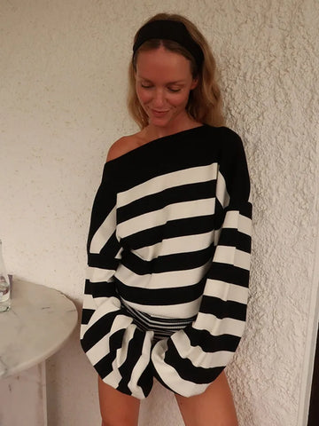 Stripe Slanted Collar Off Shoulder Knit Pullover Casual Long Sleeve Women's Sweater