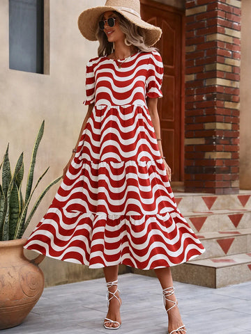 Chic Wave Stripe Short Bubble Sleeves Skinny O-neck Midi Dress