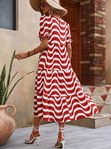 Chic Wave Stripe Short Bubble Sleeves Skinny O-neck Midi Dress