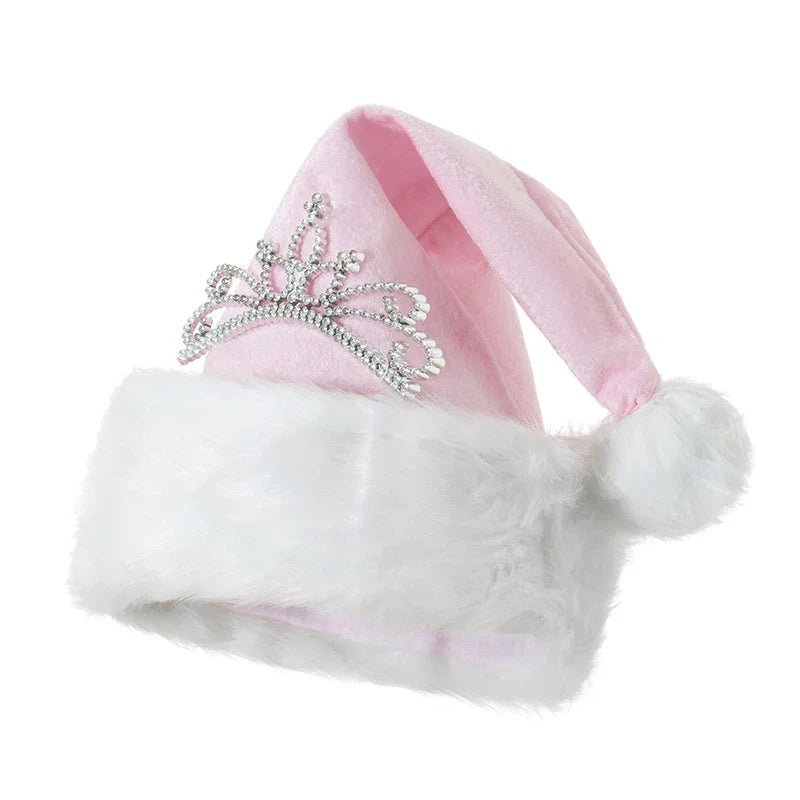 Plush Santa Claus Fluffy Party Cap with Princess Tiara Women Hat