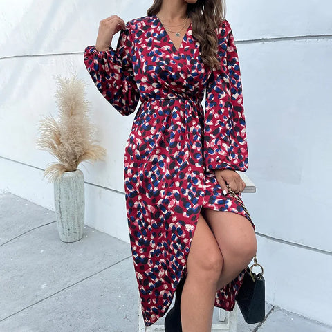 Christmas Print Polka Outwear V-Neck Full Lantern Sleeve Skinny A-Line Midi Dress