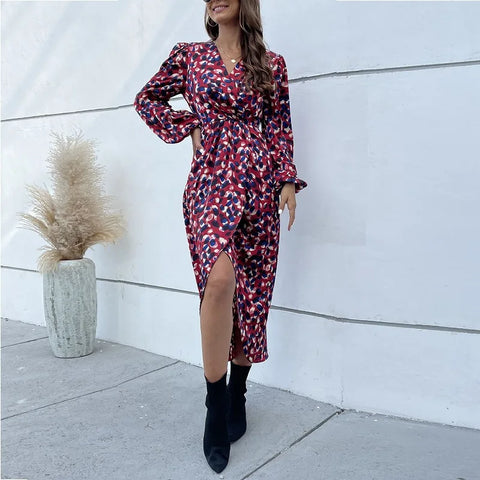 Christmas Print Polka Outwear V-Neck Full Lantern Sleeve Skinny A-Line Midi Dress