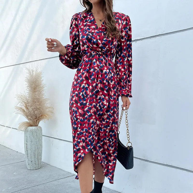 Christmas Print Polka Outwear V-Neck Full Lantern Sleeve Skinny A-Line Midi Dress