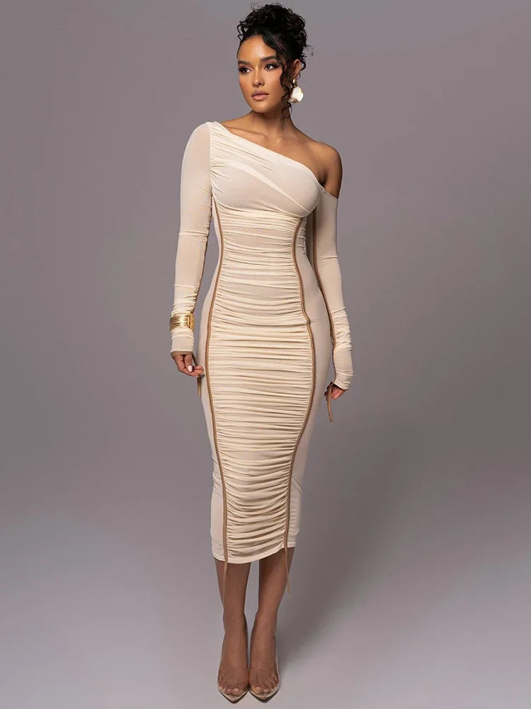 Diagonal Collar Mesh Backless Ruched Bodycon Long Midi Dress