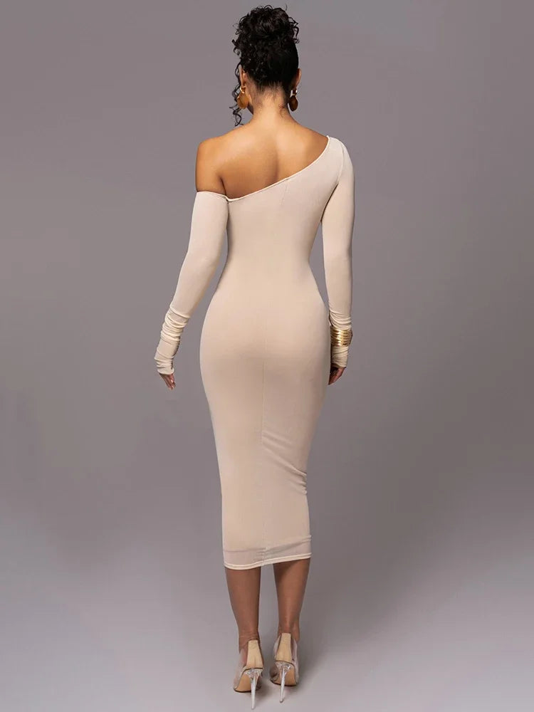 Diagonal Collar Mesh Backless Ruched Bodycon Long Midi Dress