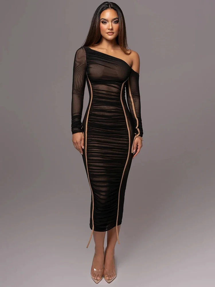 Diagonal Collar Mesh Backless Ruched Bodycon Long Midi Dress