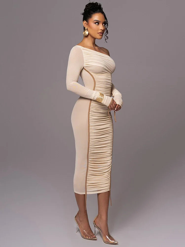 Diagonal Collar Mesh Backless Ruched Bodycon Long Midi Dress