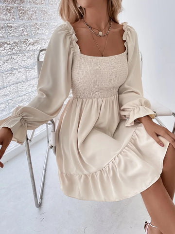 Elegant Fashion Solid Square Collar Ruffle Backless Midi Dress