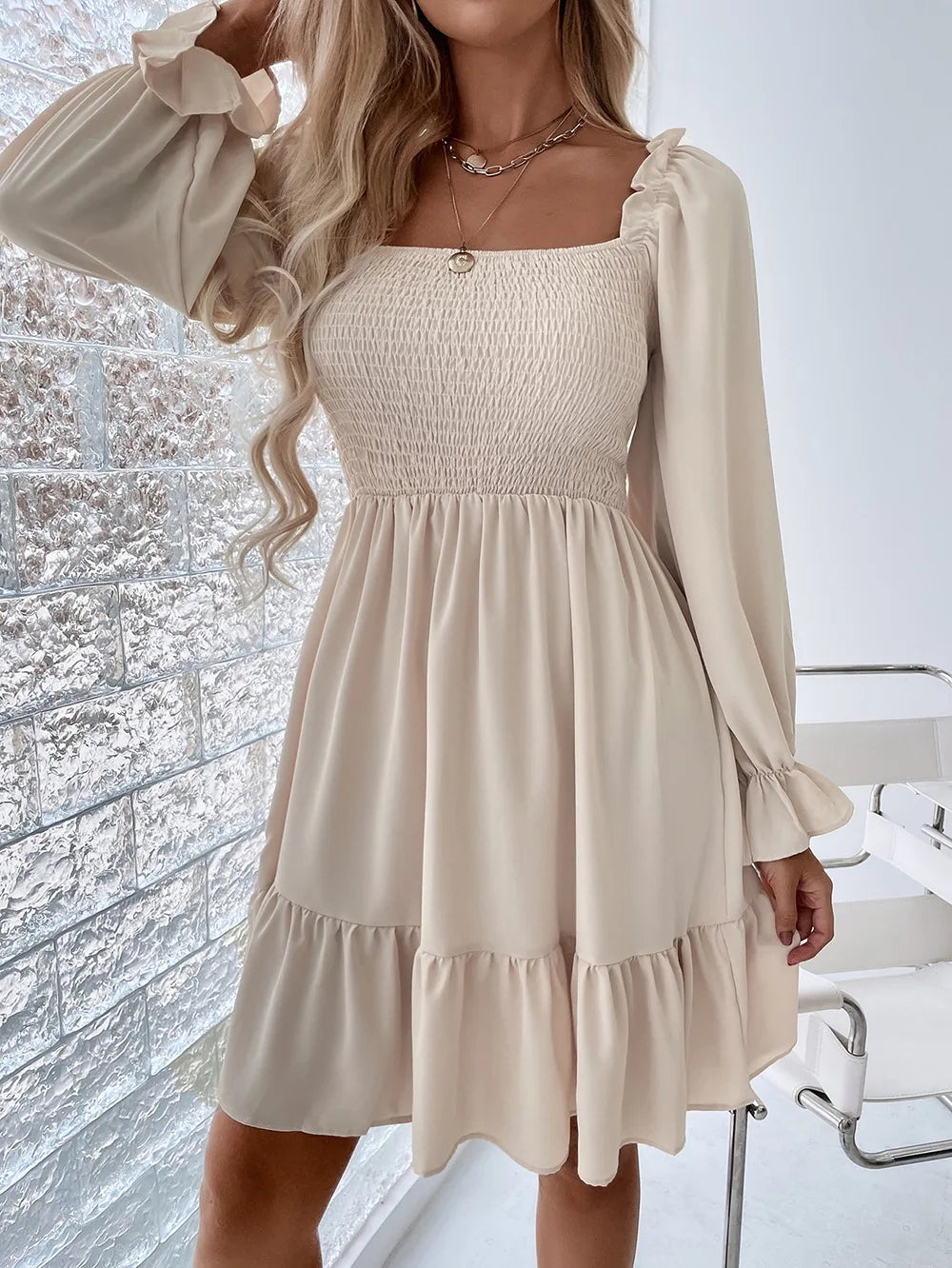 Elegant Fashion Solid Square Collar Ruffle Backless Midi Dress