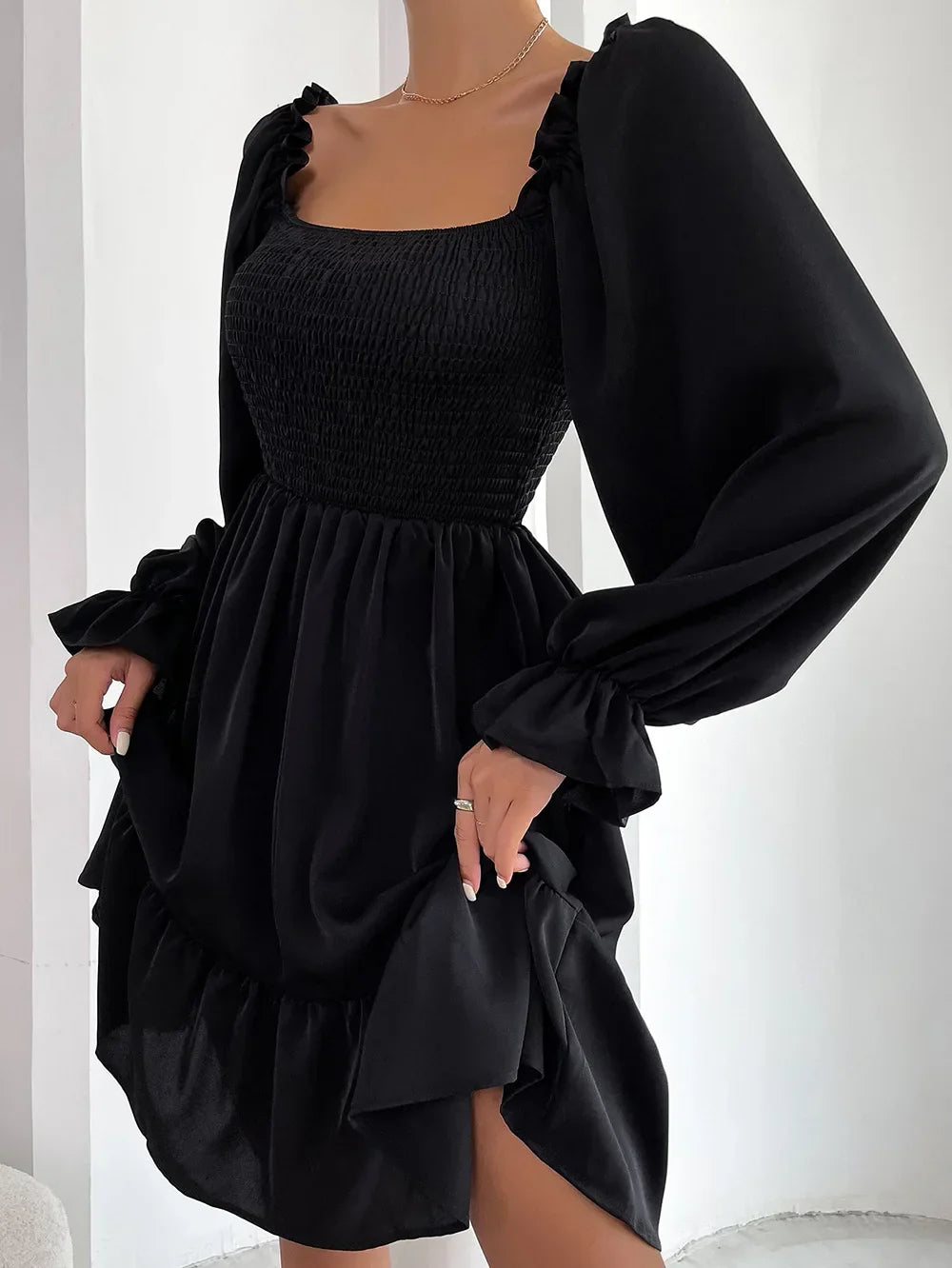 Elegant Fashion Solid Square Collar Ruffle Backless Midi Dress