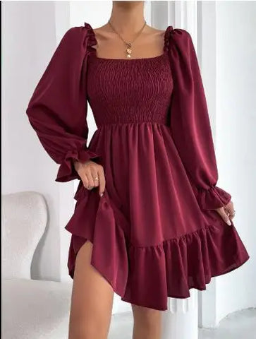 Elegant Fashion Solid Square Collar Ruffle Backless Midi Dress