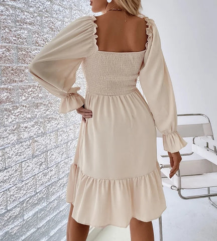 Elegant Fashion Solid Square Collar Ruffle Backless Midi Dress