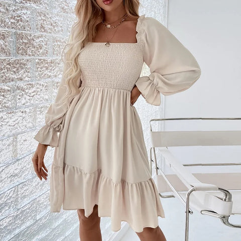 Elegant Fashion Solid Square Collar Ruffle Backless Midi Dress