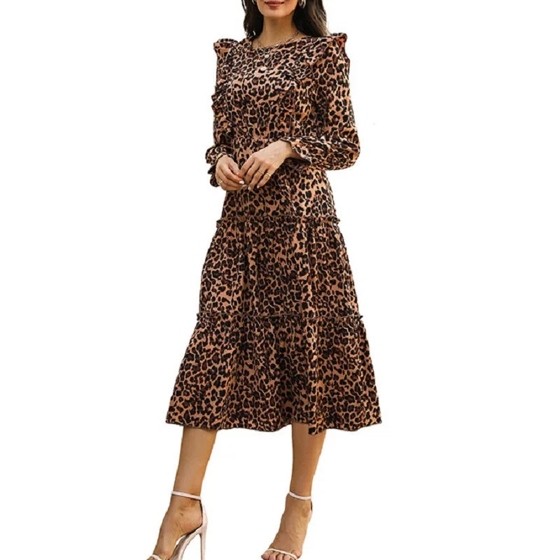 Elegant Fashion Women Leopard 2024 Autumn New Slim Hem Ruffle Full Sleeve Print A-line Midi Dress