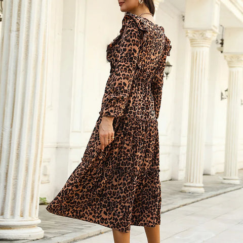 Elegant Fashion Women Leopard 2024 Autumn New Slim Hem Ruffle Full Sleeve Print A-line Midi Dress