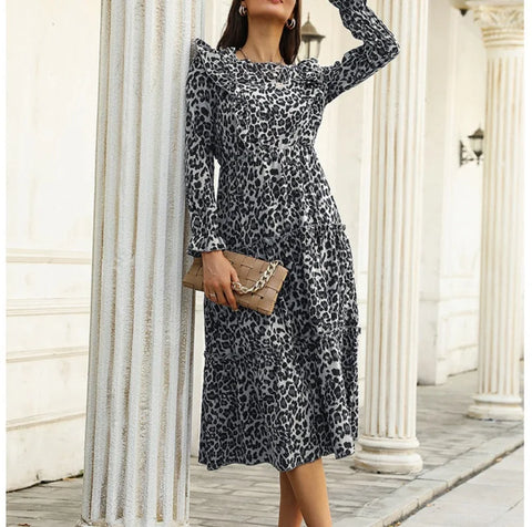 Elegant Fashion Women Leopard 2024 Autumn New Slim Hem Ruffle Full Sleeve Print A-line Midi Dress