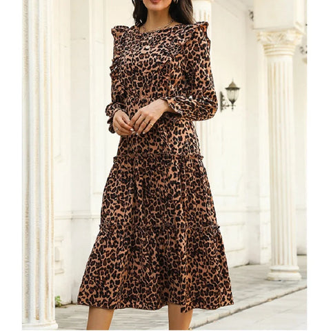 Elegant Fashion Women Leopard 2024 Autumn New Slim Hem Ruffle Full Sleeve Print A-line Midi Dress