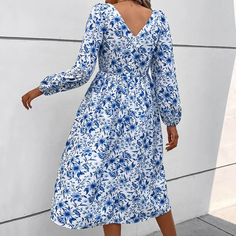 Elegant Fashion Women's Floral Print Lace Square Neck High Waist Slim Full Puff Sleeve A-line Midi Dress