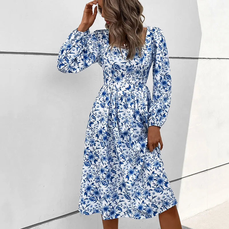 Elegant Fashion Women's Floral Print Lace Square Neck High Waist Slim Full Puff Sleeve A-line Midi Dress