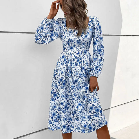 Elegant Fashion Women's Floral Print Lace Square Neck High Waist Slim Full Puff Sleeve A-line Midi Dress