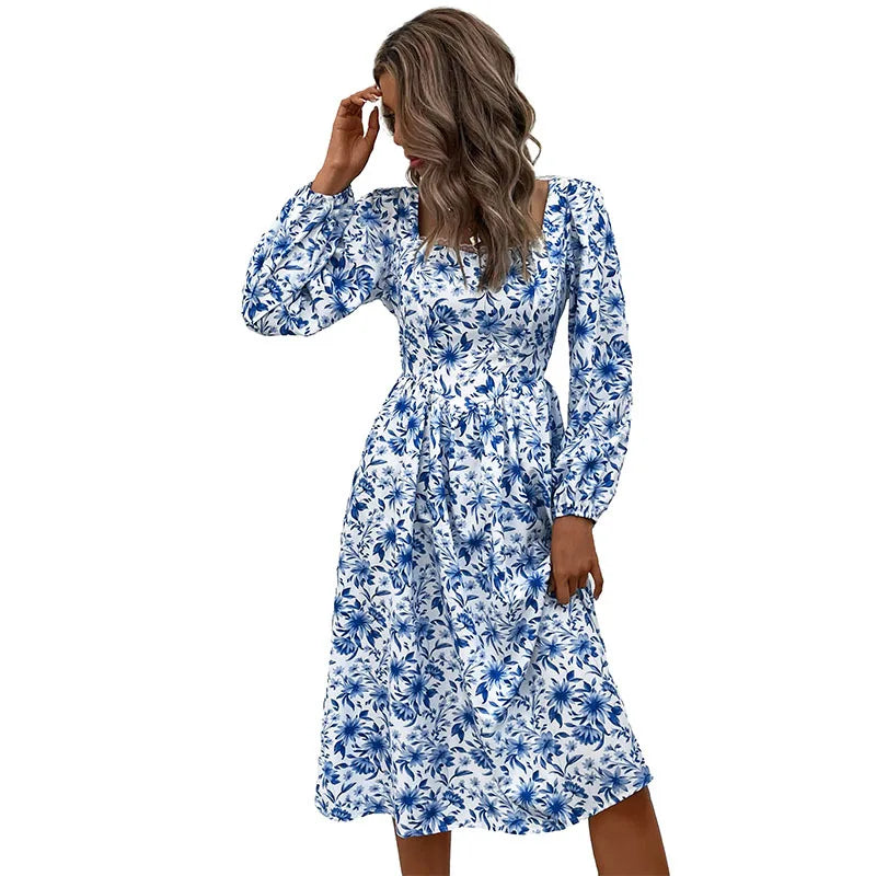 Elegant Fashion Women's Floral Print Lace Square Neck High Waist Slim Full Puff Sleeve A-line Midi Dress