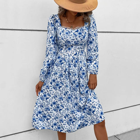 Elegant Fashion Women's Floral Print Lace Square Neck High Waist Slim Full Puff Sleeve A-line Midi Dress