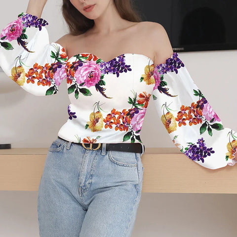 Elegant Floral Backless Off Shoulder White Blouse