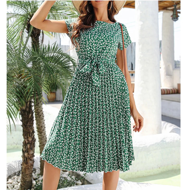 Elegant Floral Print Pleated Slim Lace-up Short Sleeve Midi Dress