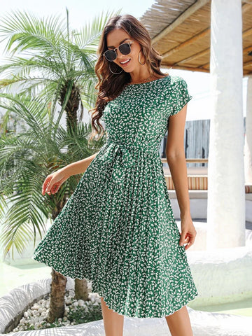 Elegant Floral Print Pleated Slim Lace-up Short Sleeve Midi Dress