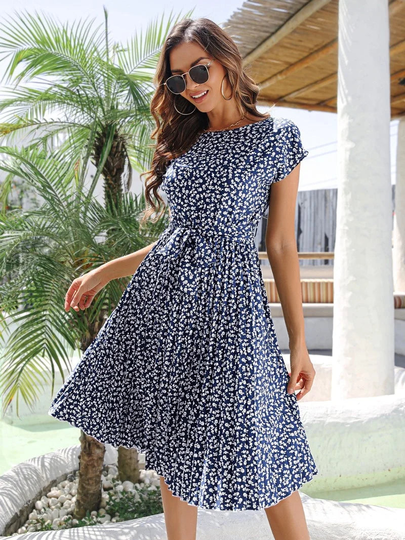 Elegant Floral Print Pleated Slim Lace-up Short Sleeve Midi Dress