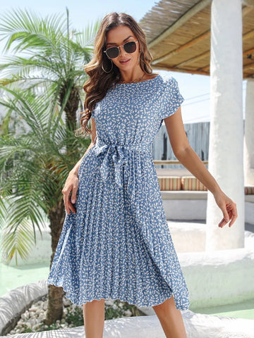 Elegant Floral Print Pleated Slim Lace-up Short Sleeve Midi Dress