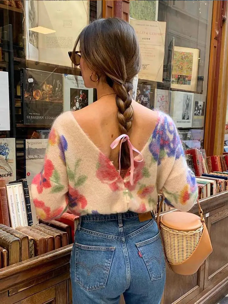 Elegant Flower Print Backless Knitted Women Fashion V Neck Long Sleeve Sweater