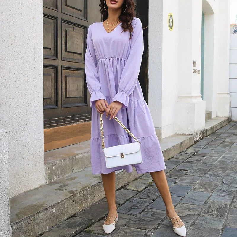 Elegant Layered Swing High Waist Full Flare Sleeve Casual Midi Dress