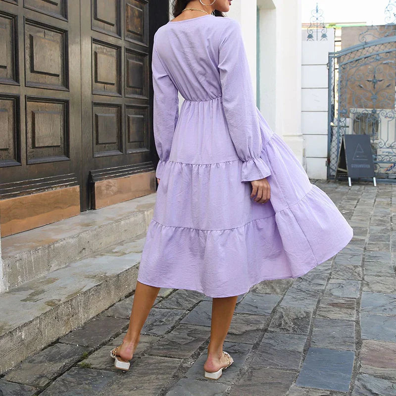 Elegant Layered Swing High Waist Full Flare Sleeve Casual Midi Dress