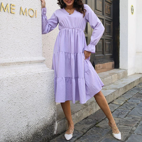 Elegant Layered Swing High Waist Full Flare Sleeve Casual Midi Dress